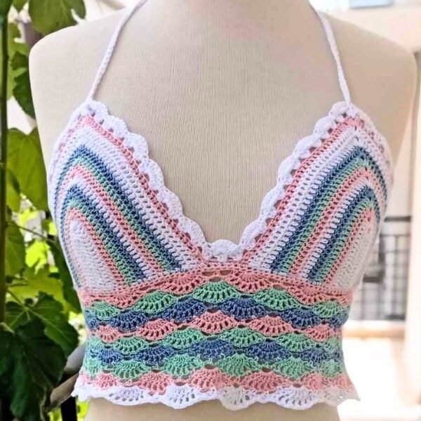 colorful crochet crop top on a mannequin