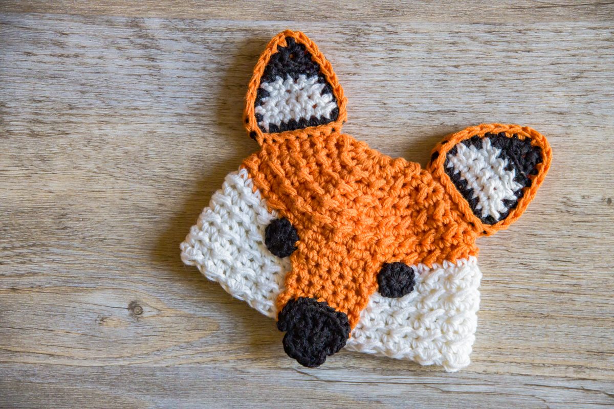 fox crochet hat in orange white and black