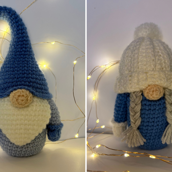 two crocheted gnome dolls in blue and white colors